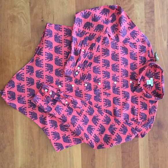 J.CREW Coral with Blue Elephants Tie Waist Shirt - Picture 8 of 8